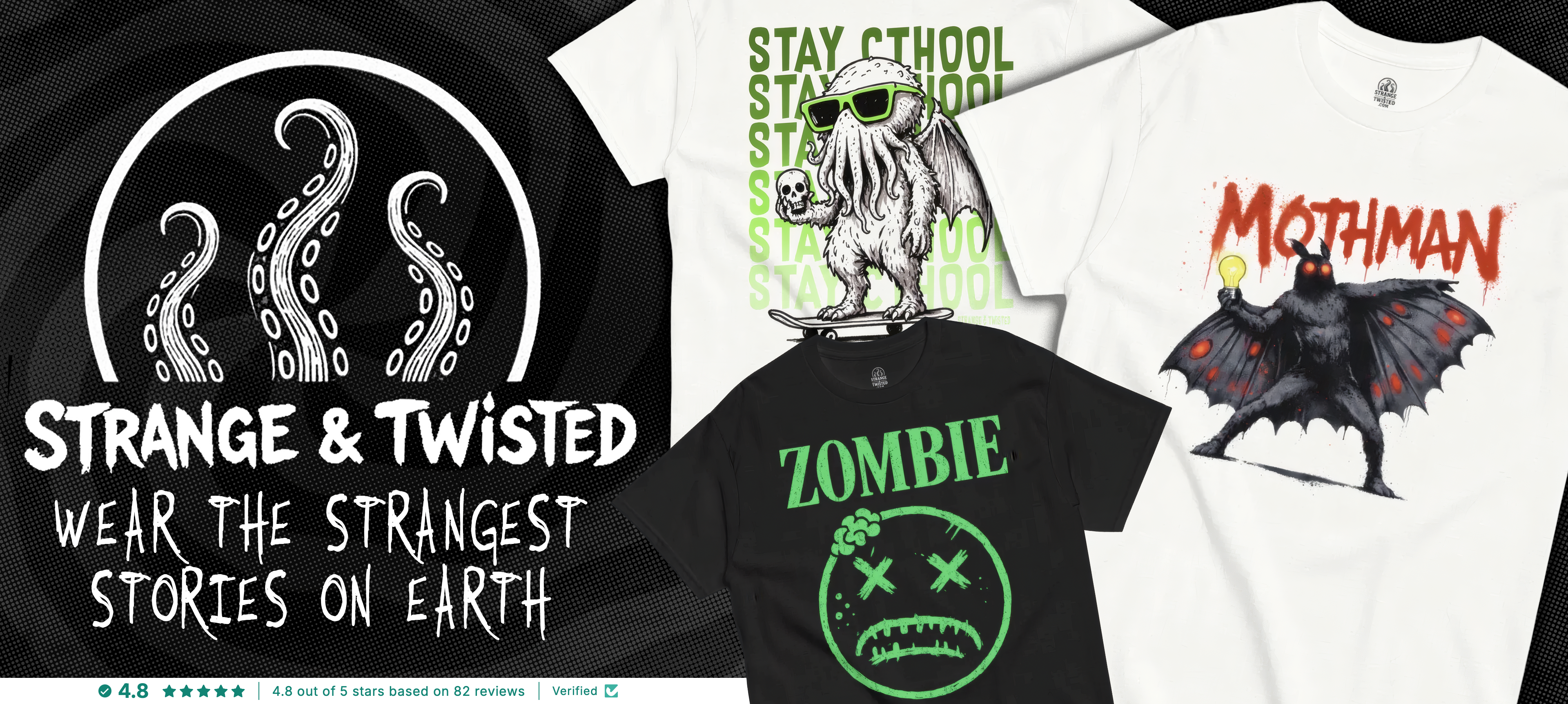 Strange & Twisted hero image showcasing their range of paranormal, horror and Cryptid t-shirts and apparel