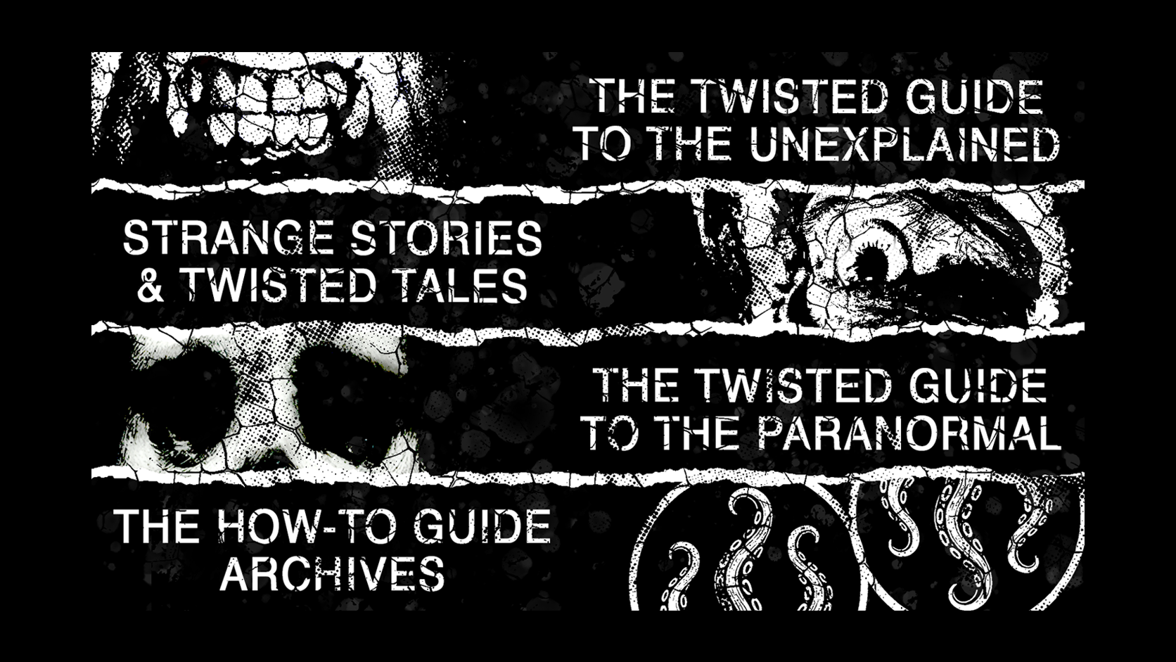 Gothic Paranormal and cryptid hero image for Strange & Twisted brand featuring their twisted guide to the paranormal and the unexplained, strange stories and twisted tales and how to guides.