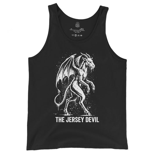Jersey Devil monster tank top on black featuring winged cryptid standing upright