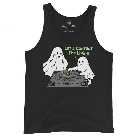 Ghost Ouija board tank top on black featuring two cartoon ghosts using spirit board