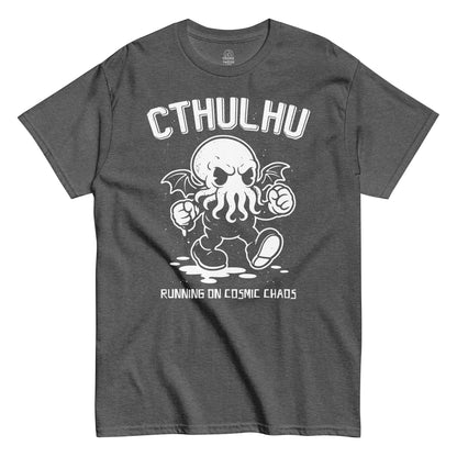 Cthulhu cosmic horror T shirt on dark heather featuring winged tentacled monster