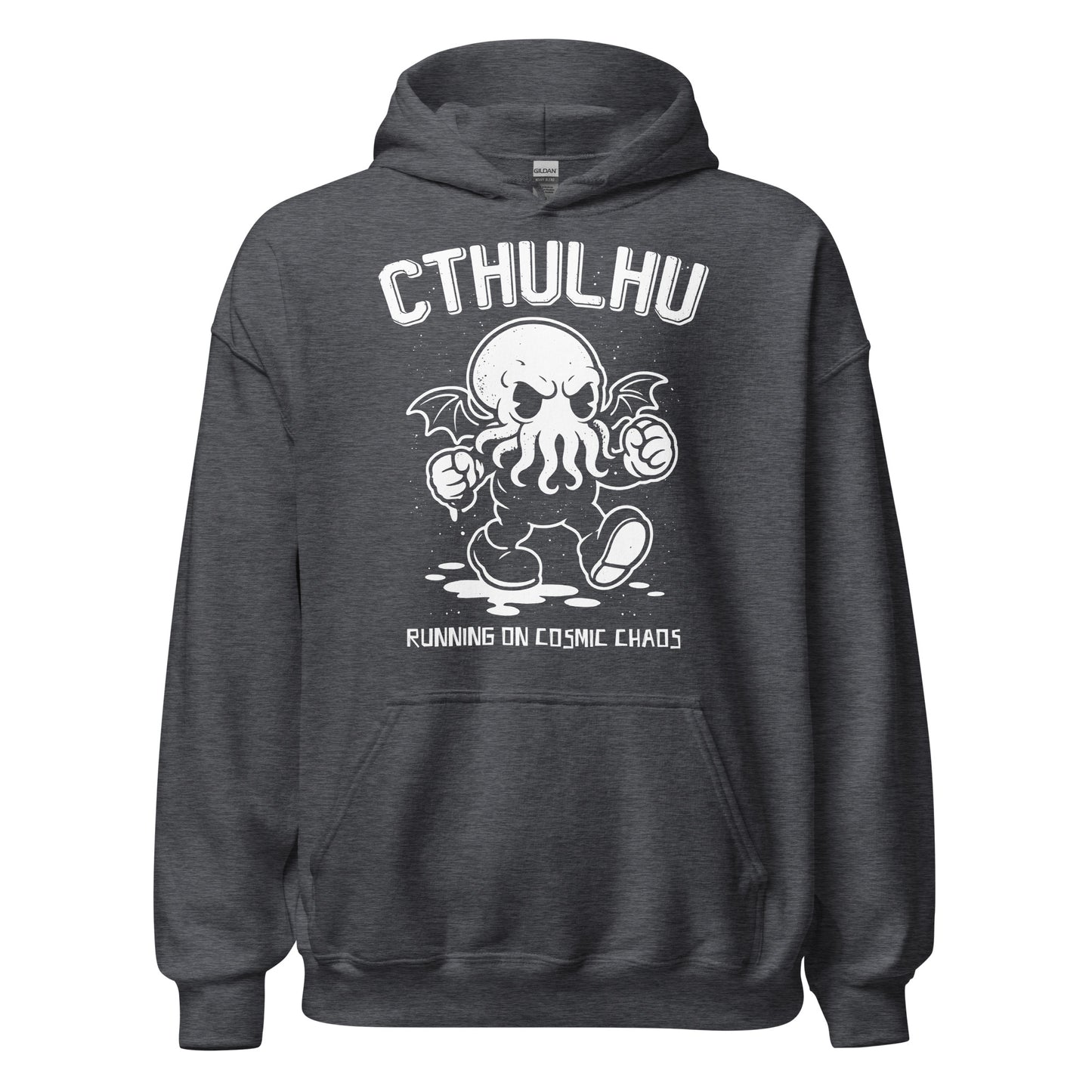Cthulhu cosmic horror hoodie on dark heather featuring running eldritch creature