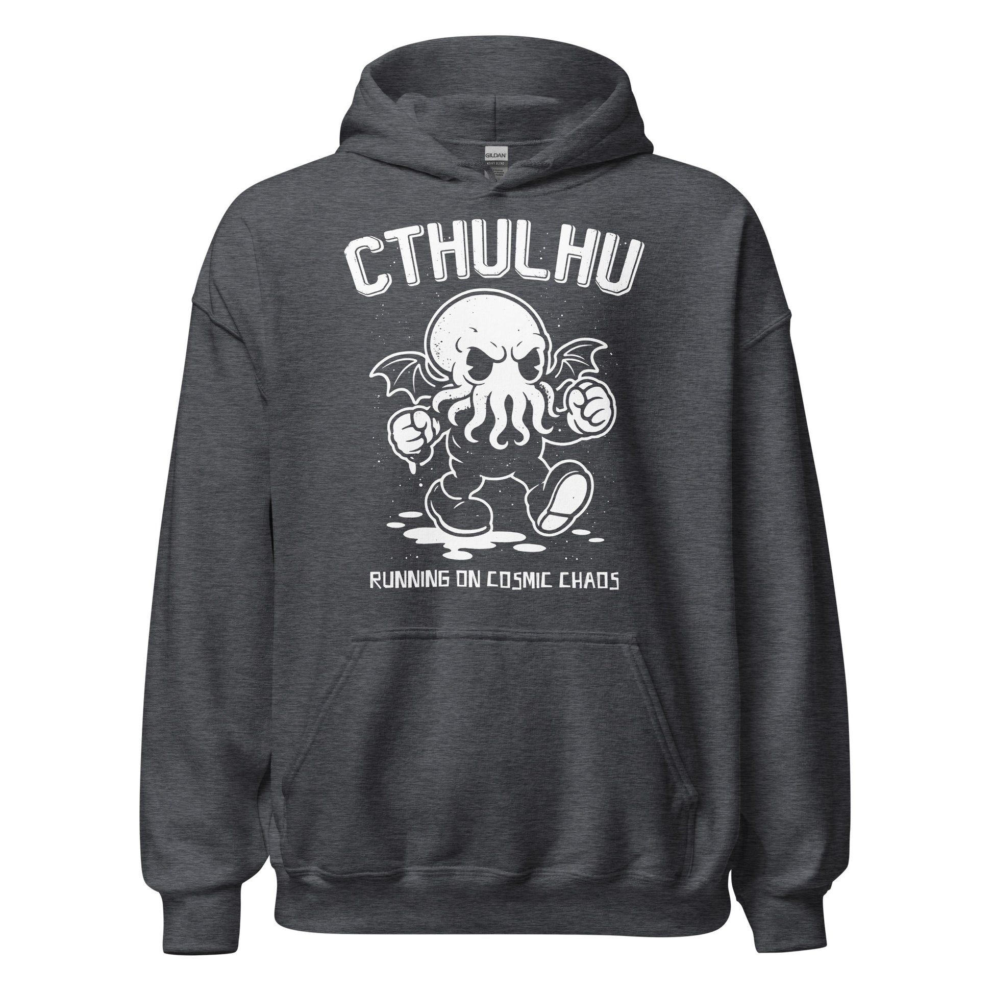 Cthulhu cosmic horror hoodie on dark heather featuring running eldritch creature