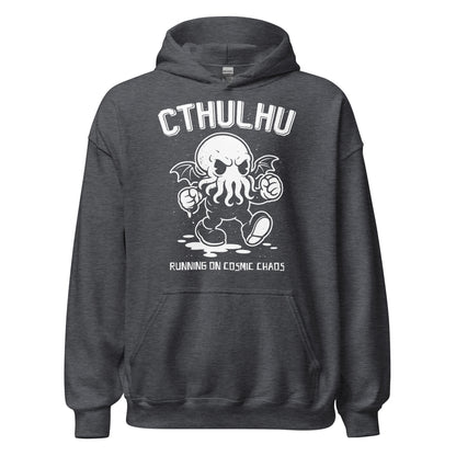 Cthulhu cosmic horror hoodie on dark heather featuring running eldritch creature