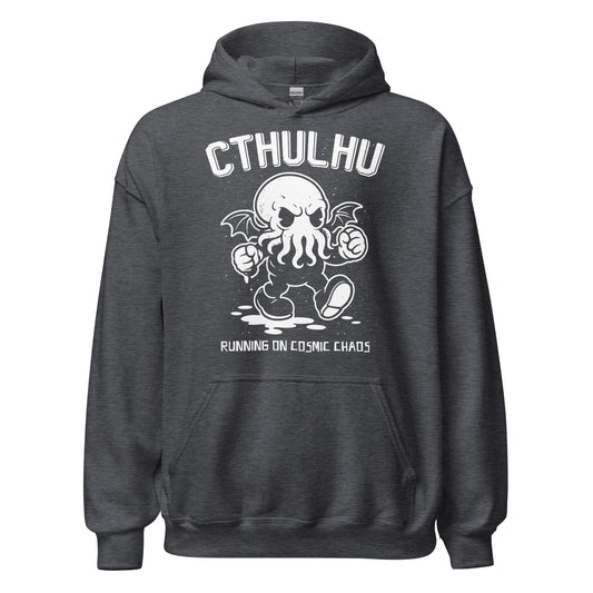 Cthulhu cosmic horror hoodie on dark heather featuring running eldritch creature