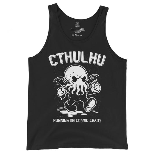 Cthulhu cosmic chaos tank top on black featuring tentacled eldritch monster running