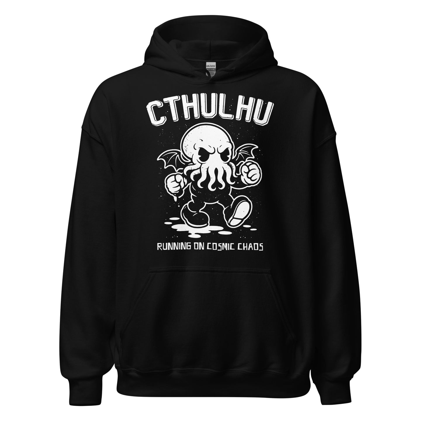 Cthulhu cosmic horror hoodie on black featuring cartoon tentacled eldritch creature