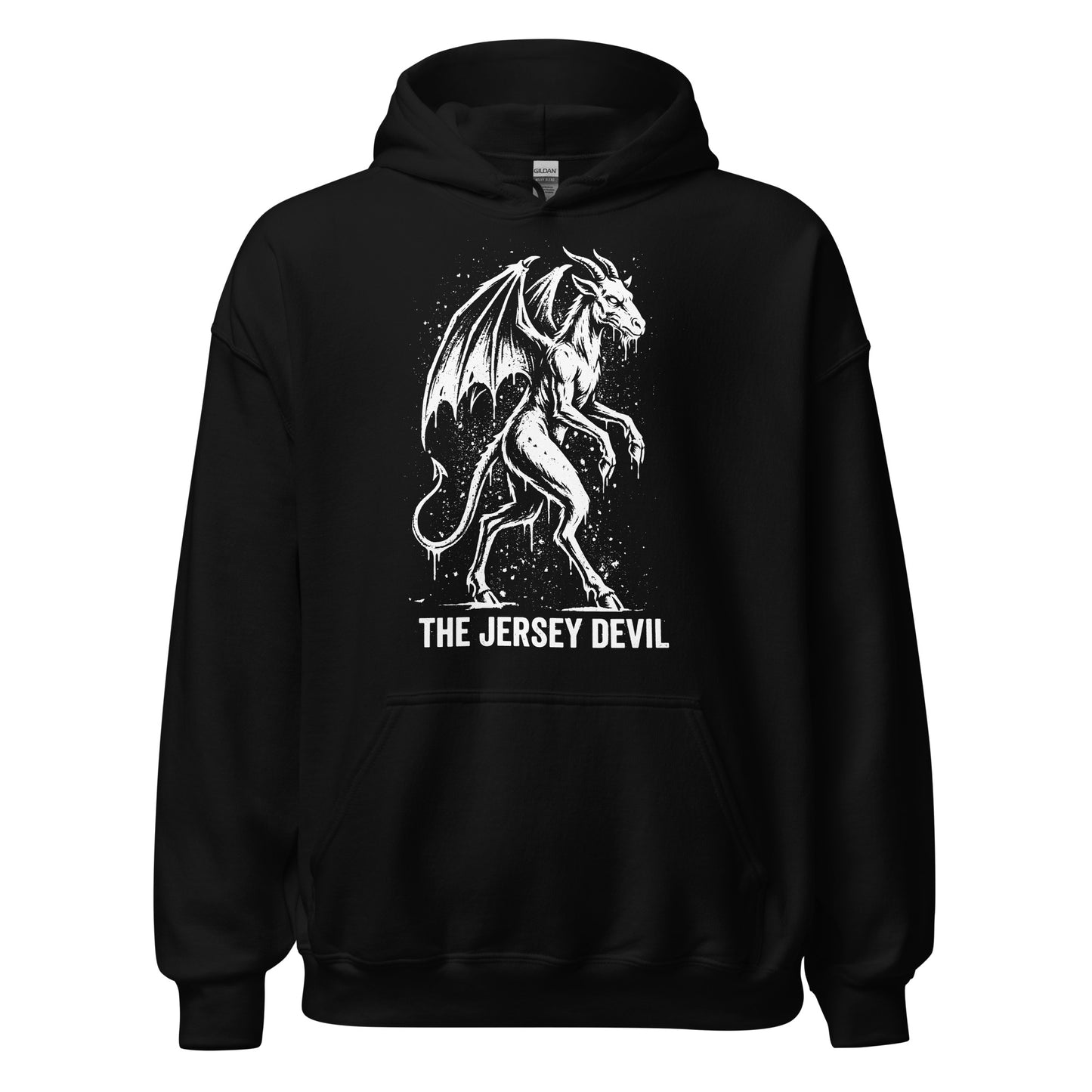 Jersey Devil cryptid hoodie on black featuring winged folklore monster illustration