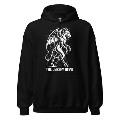 Jersey Devil cryptid hoodie on black featuring winged folklore monster illustration