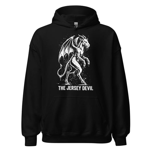 Jersey Devil cryptid hoodie on black featuring winged folklore monster illustration