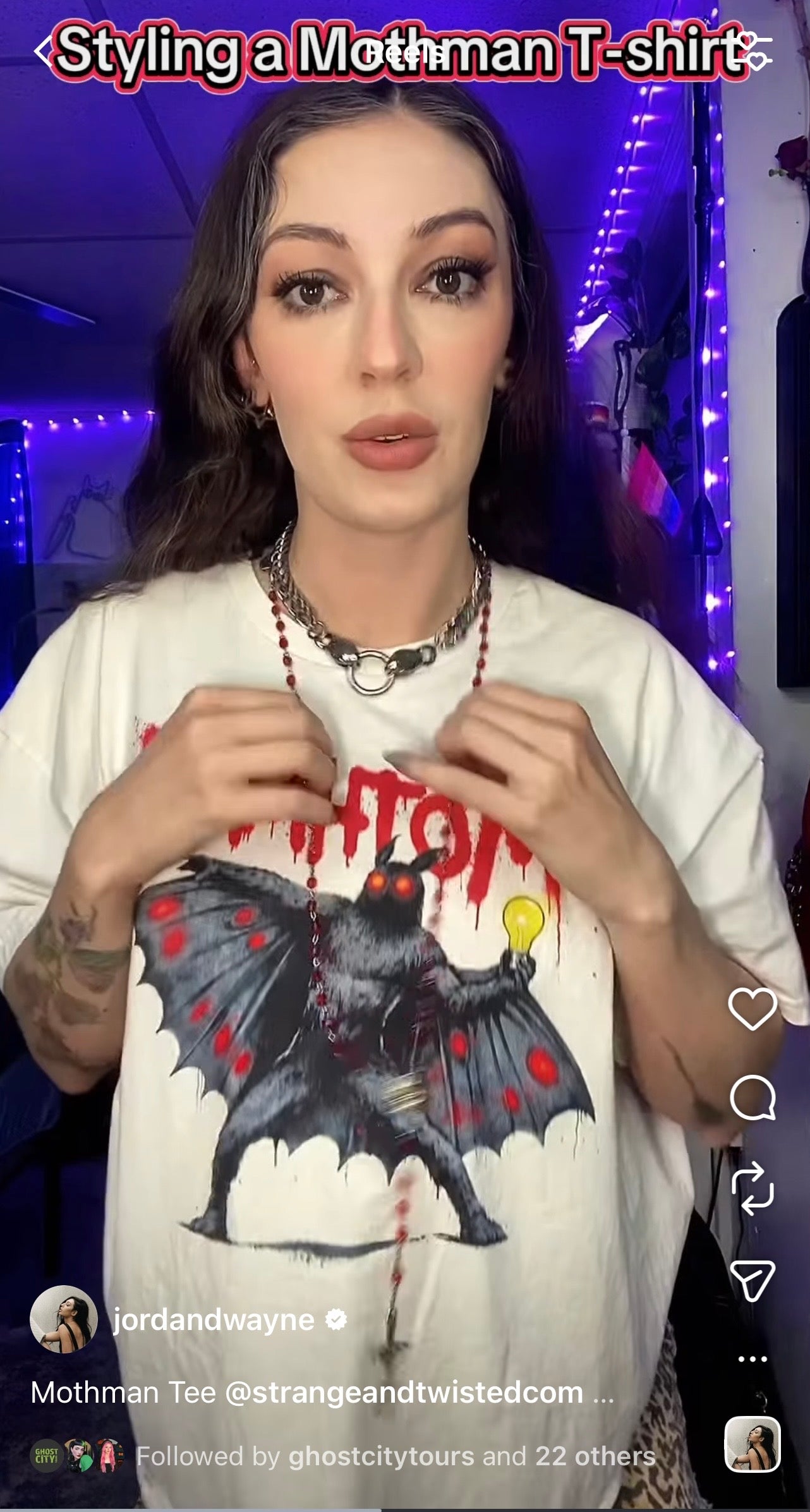 Photograph of influencer and content creator jordandwayne aka Jordan The Grey Witch wearing Mothman t-shirt by Strange & Twisted collab with ghost city tours