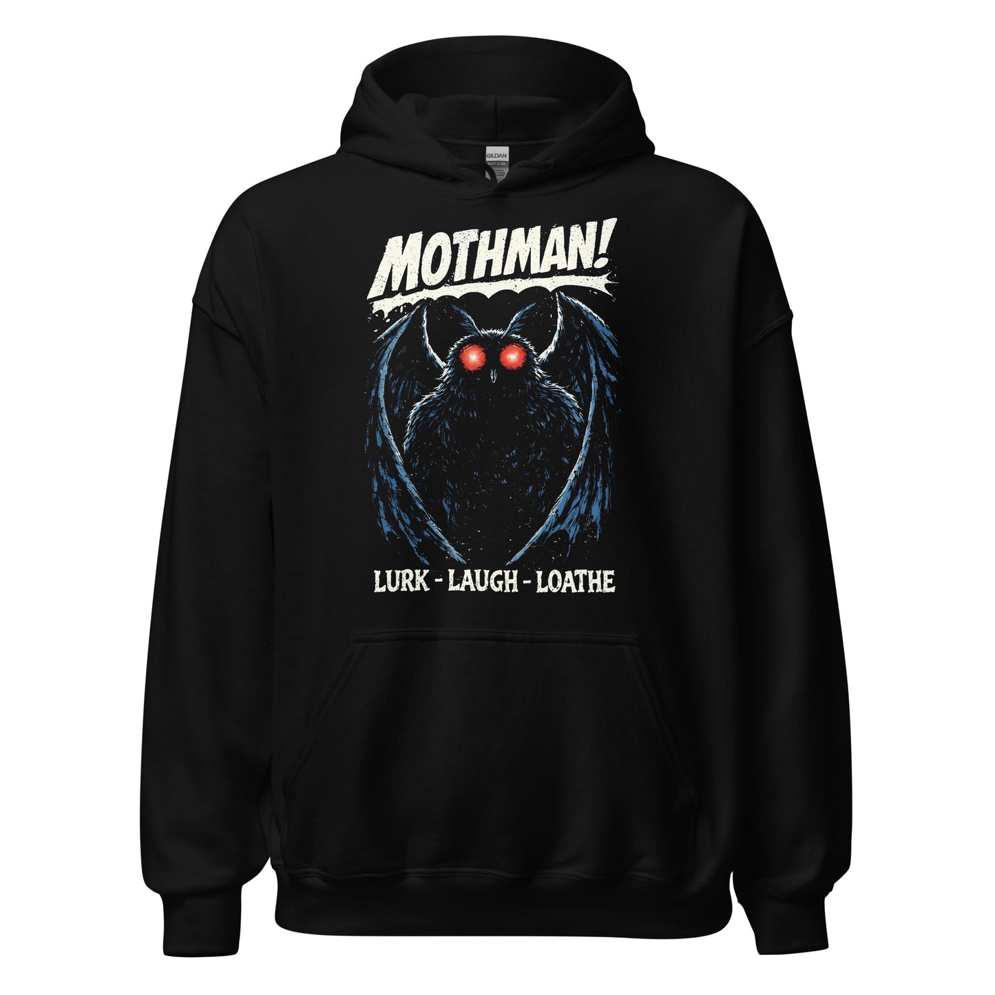 Mothman cryptid hoodie on black featuring glowing red eyes winged creature