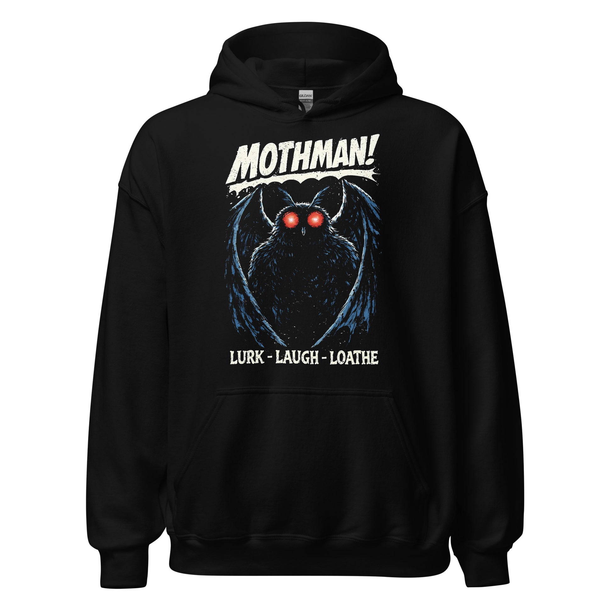 Mothman cryptid hoodie on black featuring glowing red eyes winged creature