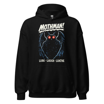 Mothman cryptid hoodie on black featuring glowing red eyes winged creature