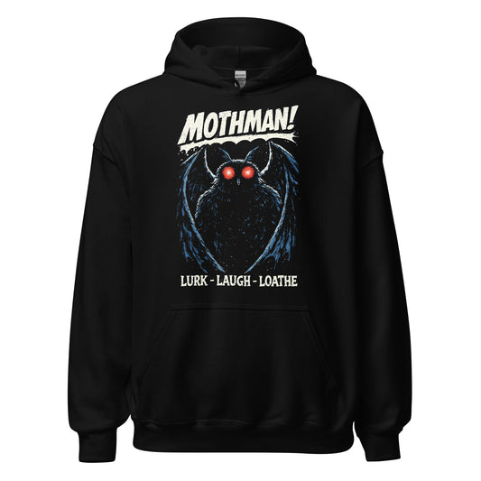 Mothman cryptid hoodie on black featuring glowing red eyes winged creature