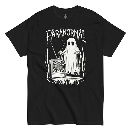 Paranormal Spooky Vibes ghost T shirt on black featuring sheet ghost beside vintage television