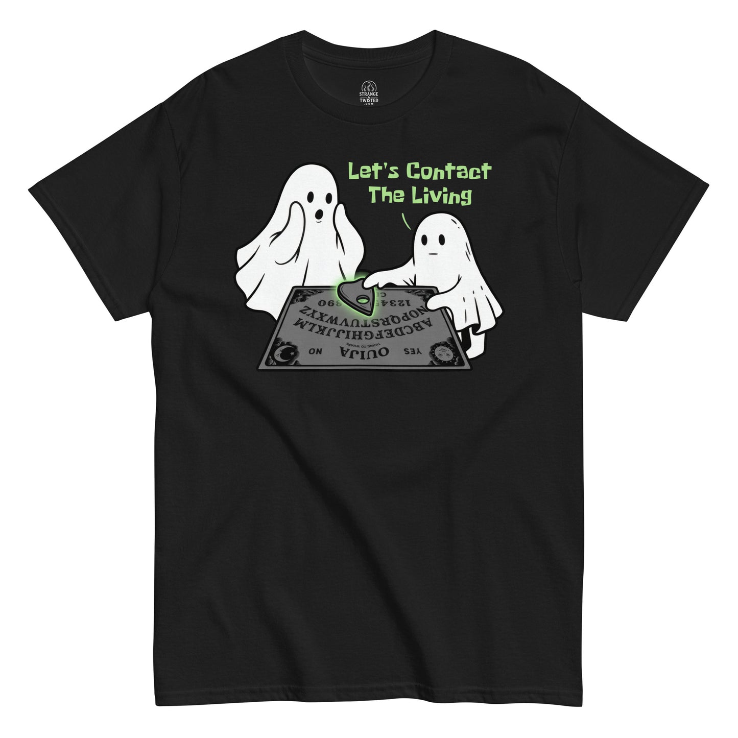 Paranormal ghost Ouija board T shirt on black featuring two ghosts using spirit board