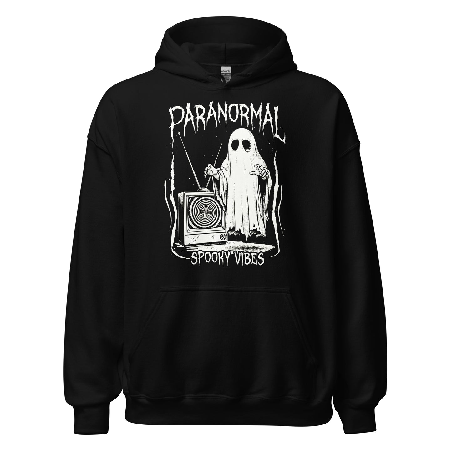 Paranormal Ghost Spooky Vibes hoodie on black featuring sheet ghost beside vintage television