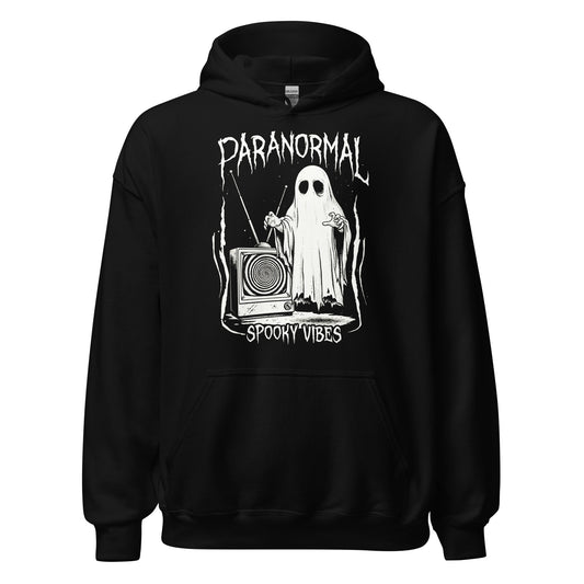 Paranormal Ghost Spooky Vibes hoodie on black featuring sheet ghost beside vintage television