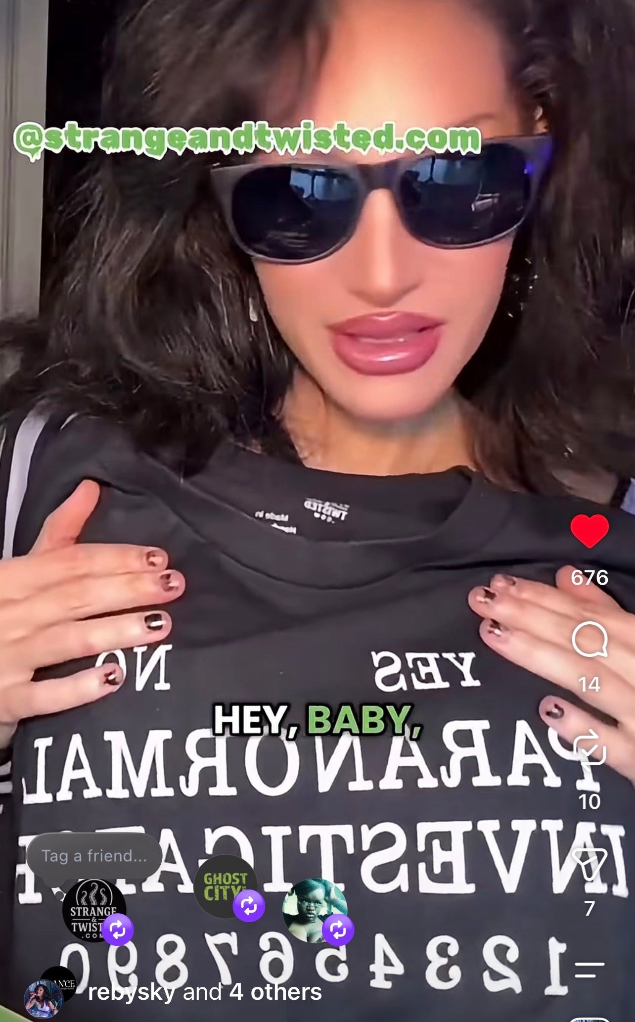 Reby Hardy aka rebysky influencer collaboration showcasing Strange 7 Tswisted Paranormal Investigator Ouija Board T-Shirt