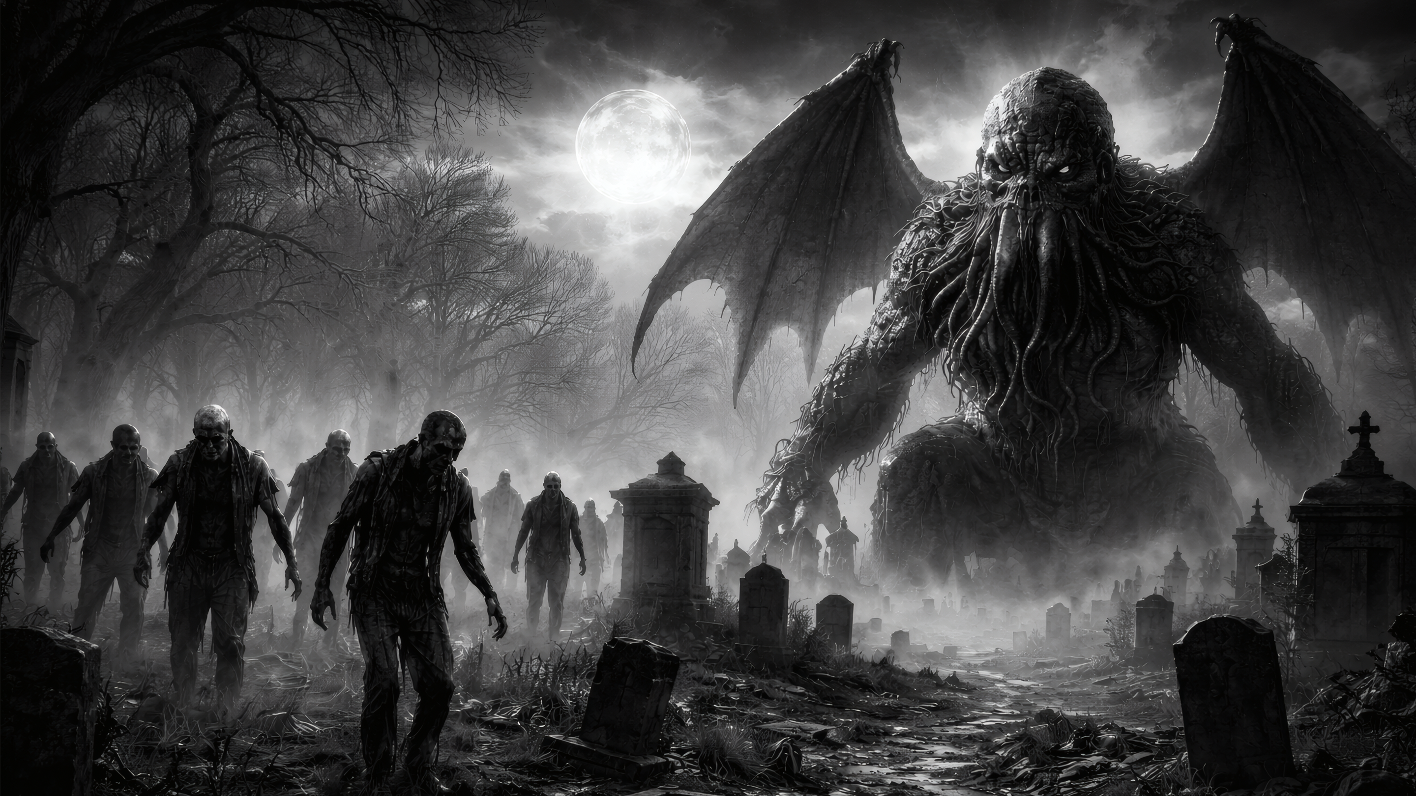 Hero image for Strange & Twisted website featuring zombies and a cryptid, strange stories twisted apparel