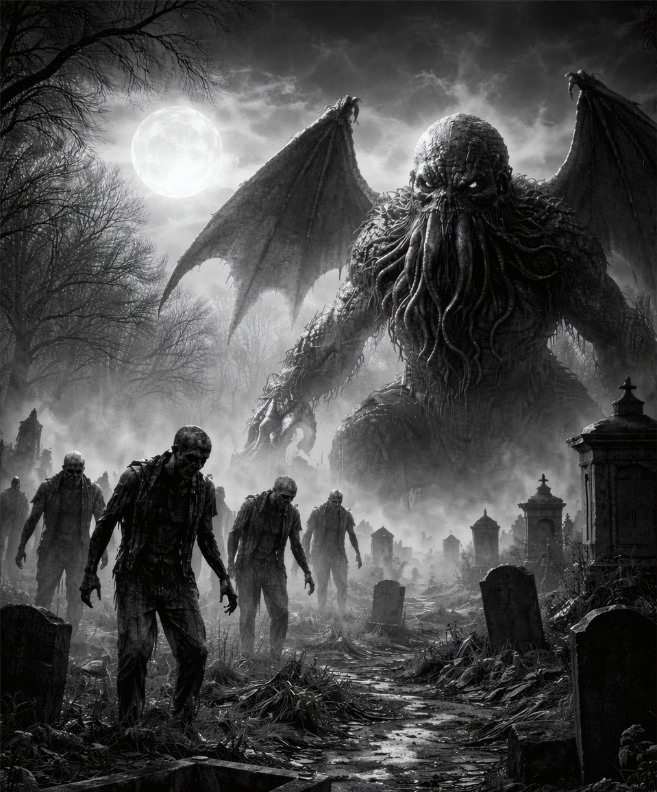 Hero mobile version  image for Strange & Twisted website featuring zombies and a cryptid, strange stories twisted apparel, paranormal theme