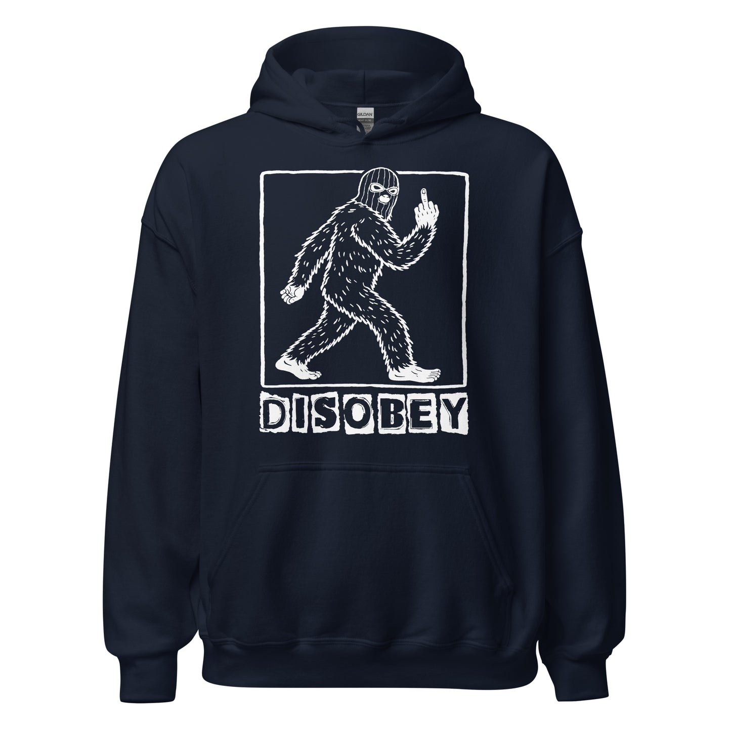 Disobey Bigfoot hoodie on navy blue with cryptid walking silhouette