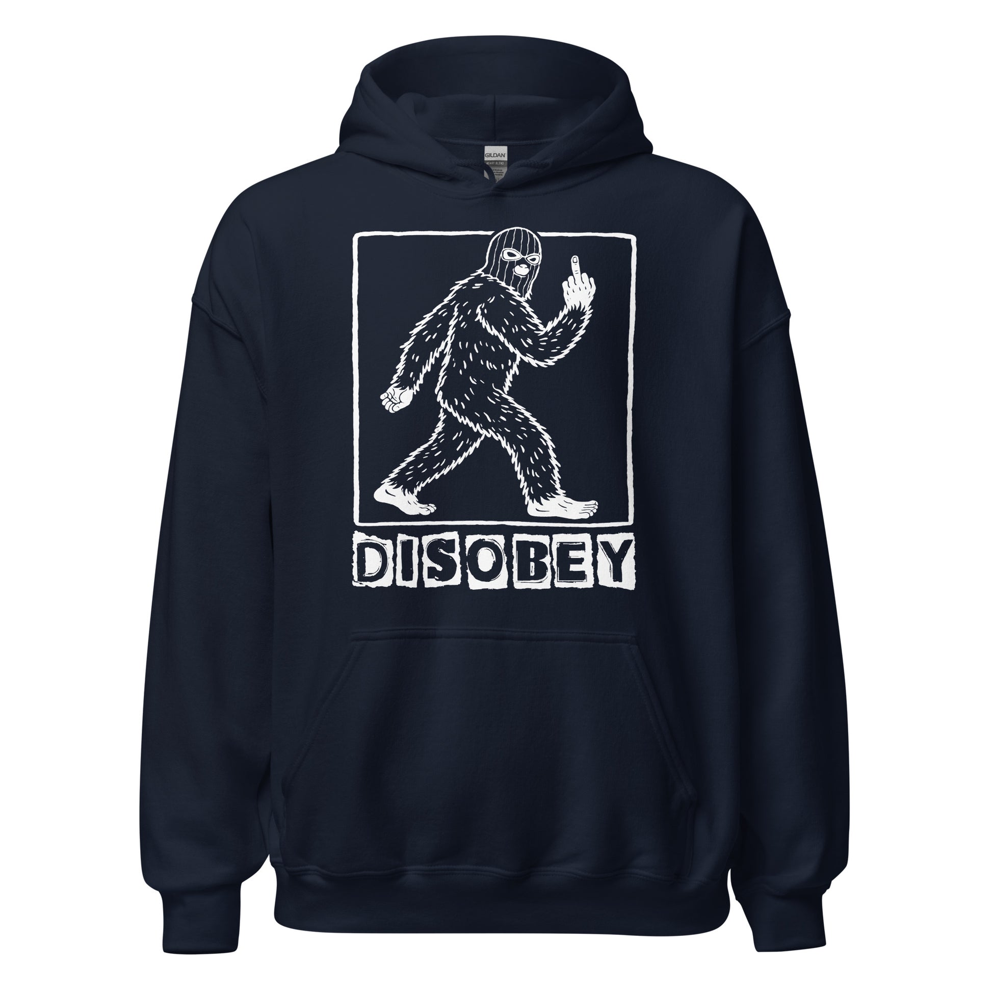Disobey Bigfoot hoodie on navy blue with cryptid walking silhouette