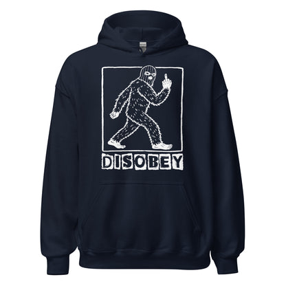 Disobey Bigfoot hoodie on navy blue with cryptid walking silhouette