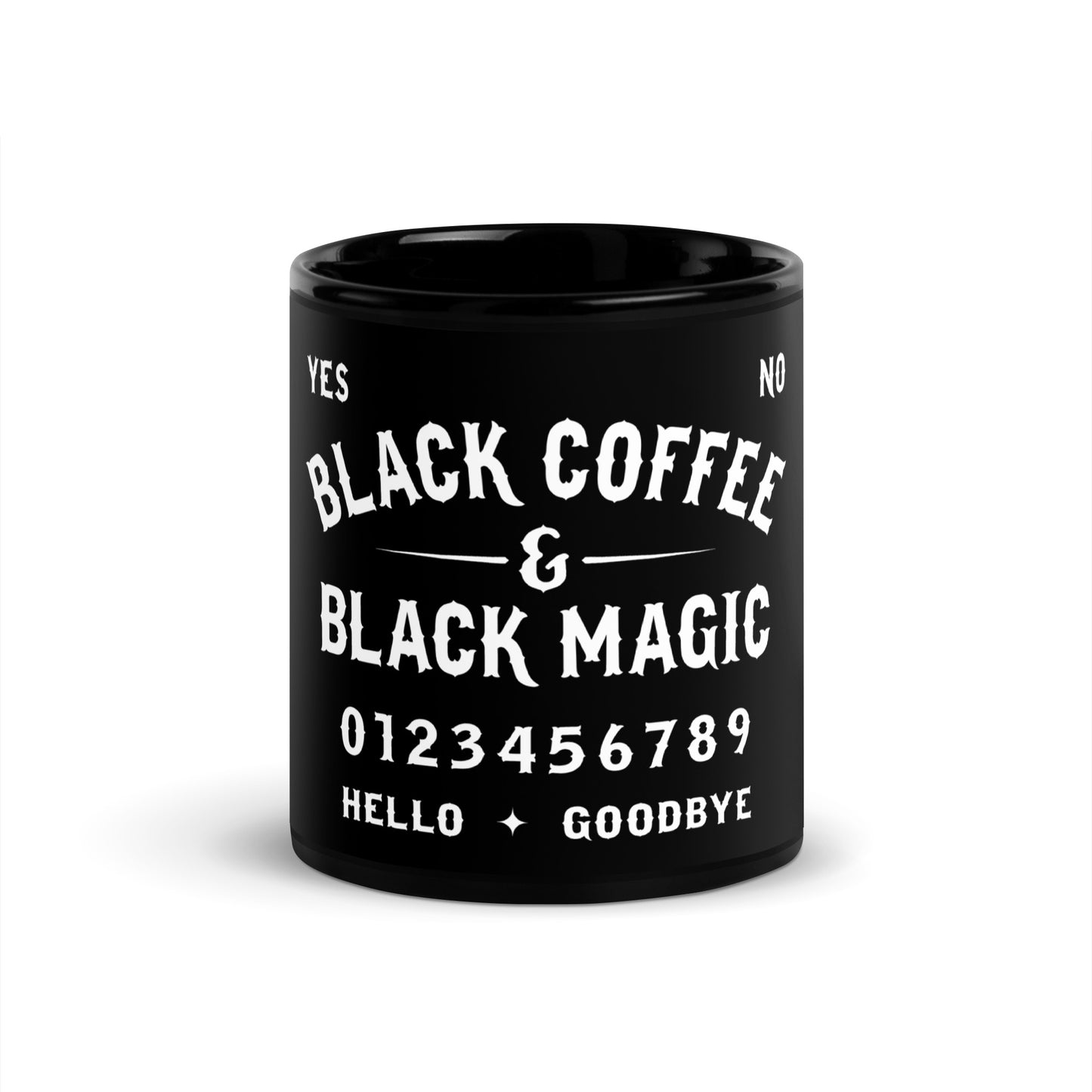 Black Coffee and Black Magic Ouija board inspired gothic coffee mug with distressed occult typography on black ceramic mug