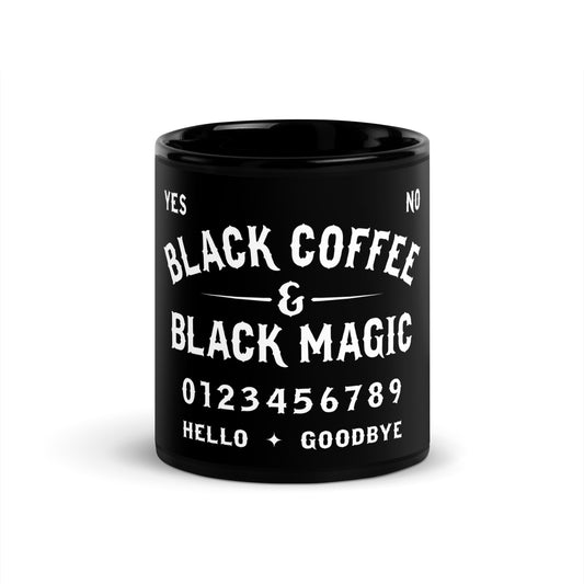Black Coffee and Black Magic Ouija board inspired gothic coffee mug with distressed occult typography on black ceramic mug