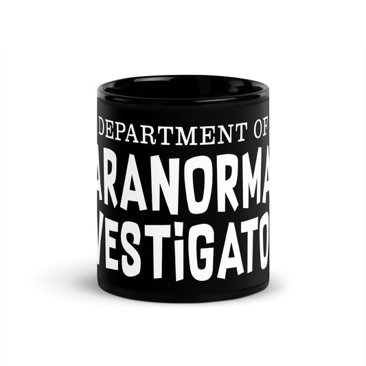 Department Of Paranormal Investigators spooky ghost hunting coffee mug with bold distressed white typography on black ceramic mug