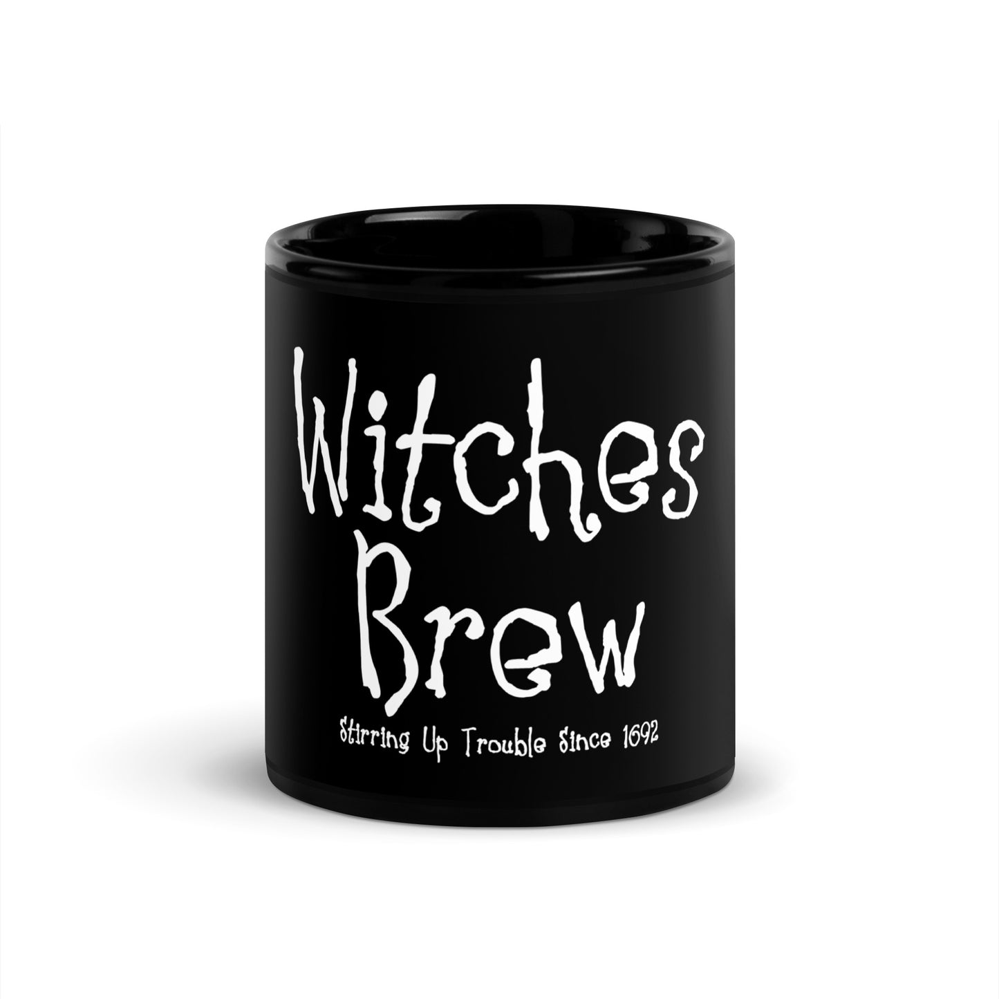 Witches Brew witchcraft coffee mug with distressed white gothic typography on black ceramic mug