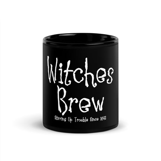 Witches Brew witchcraft coffee mug with distressed white gothic typography on black ceramic mug