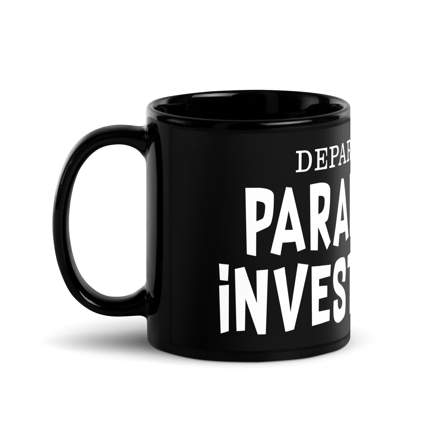 Ghost hunting themed black coffee mug with Department Of Paranormal Investigators distressed paranormal lettering