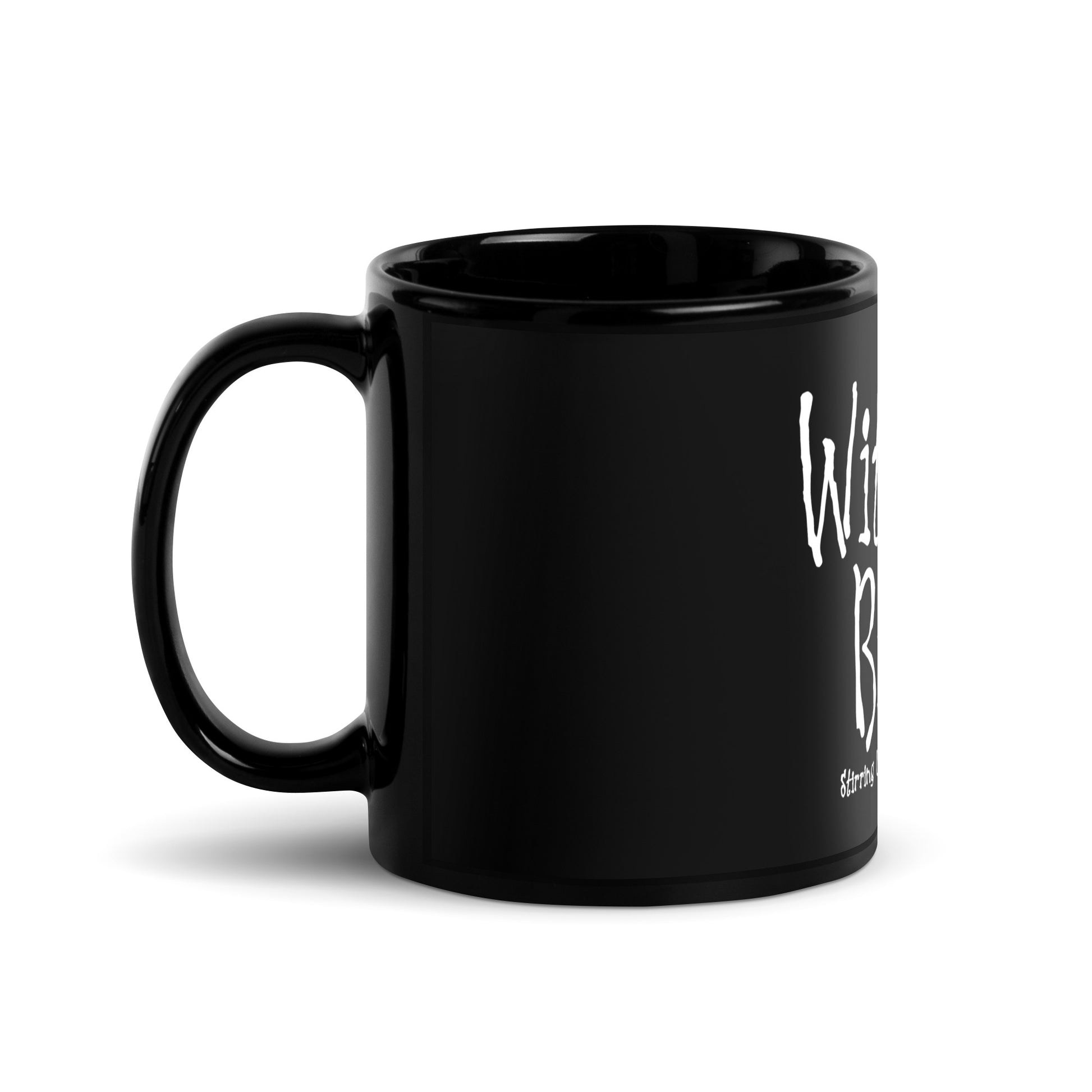Black witchcraft coffee mug featuring Witches Brew spooky hand-drawn typography design