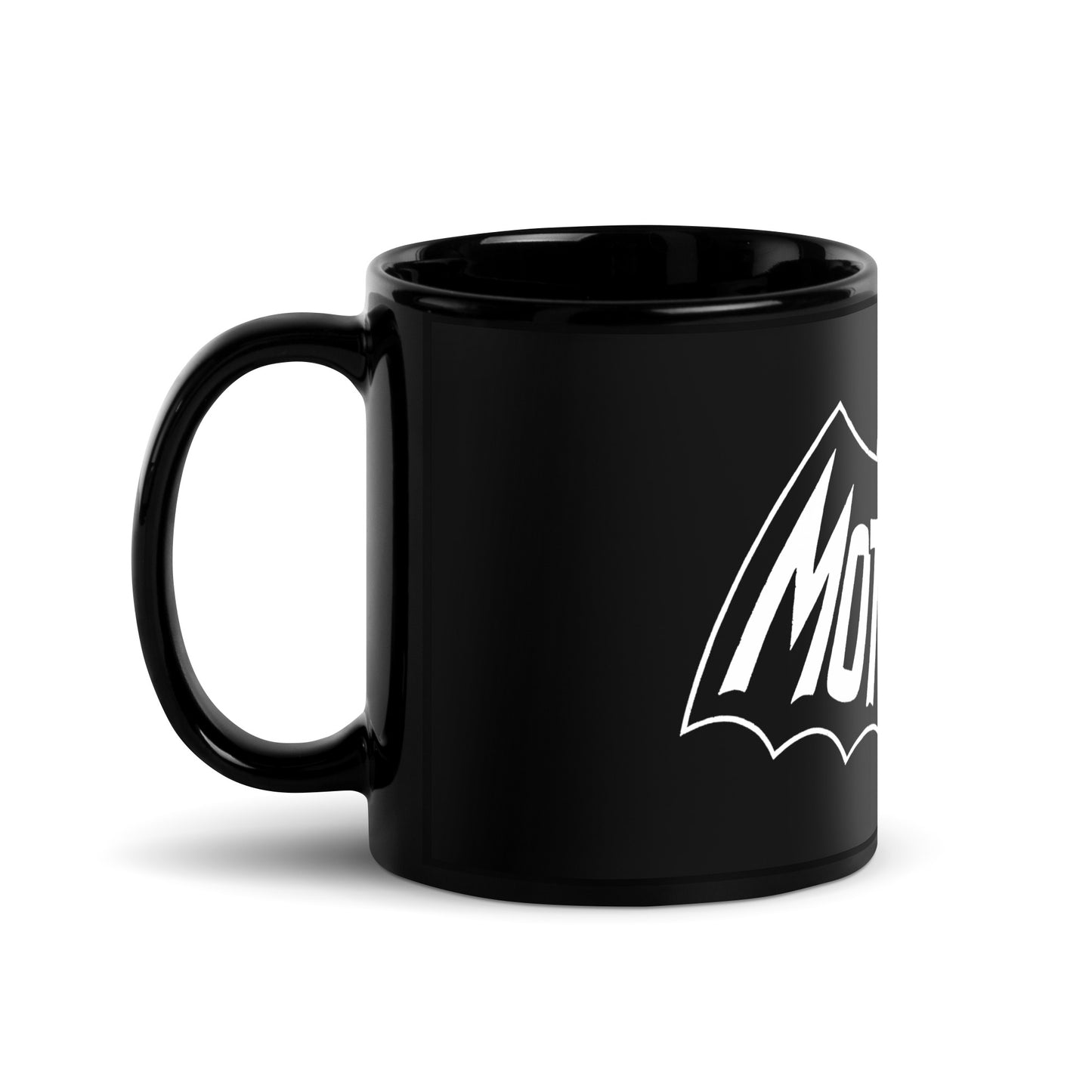 Black Mothman mug featuring retro cryptid artwork with glowing red eyes and spooky lettering