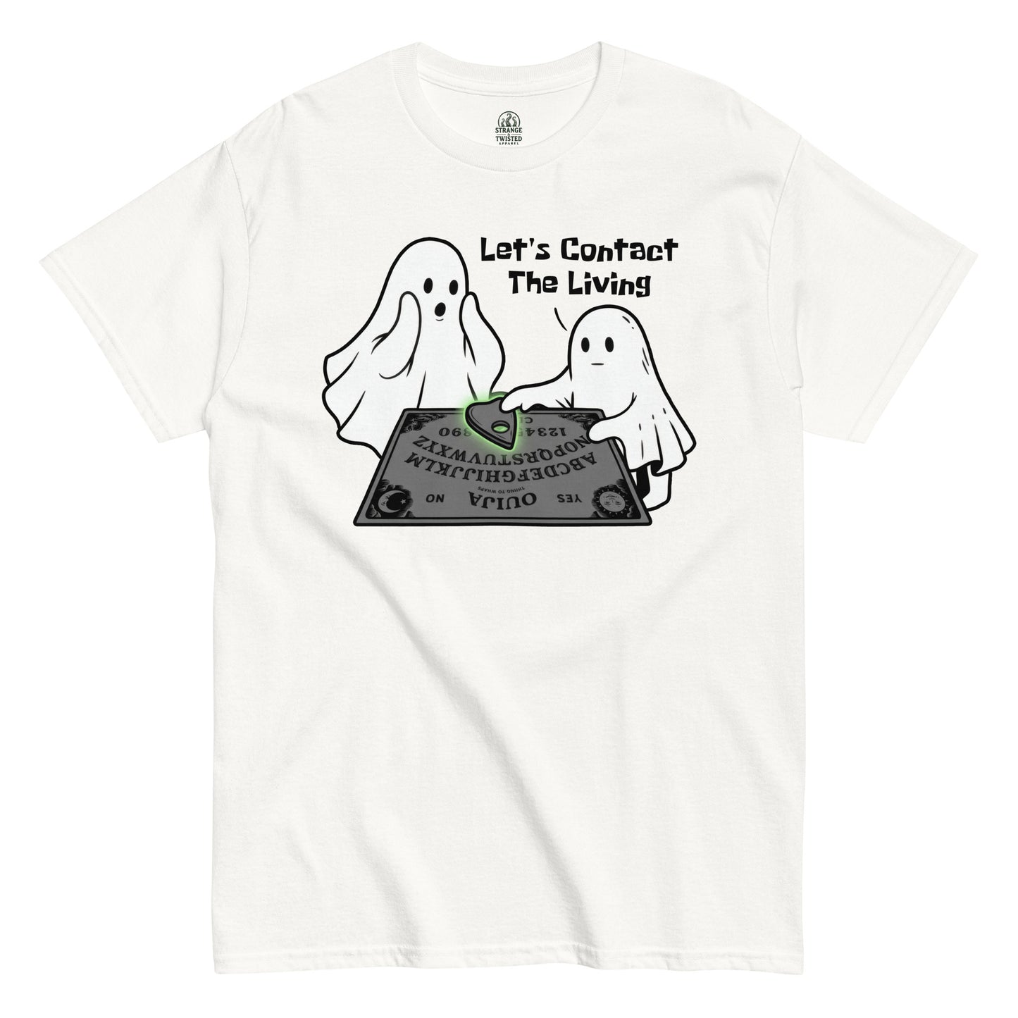 Paranormal ghost Ouija board T shirt on white featuring two ghosts using spirit board