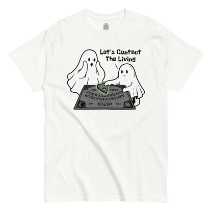 Paranormal ghost Ouija board T shirt on white featuring two ghosts using spirit board