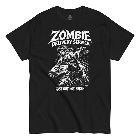 Zombie Delivery Service horror T shirt on black featuring running undead pizza courier
