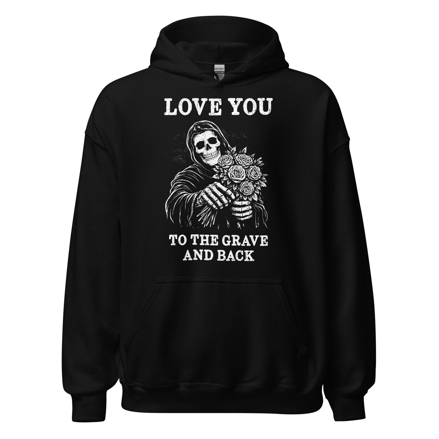 Gothic eternal love hoodie on black featuring skeletal reaper offering bouquet