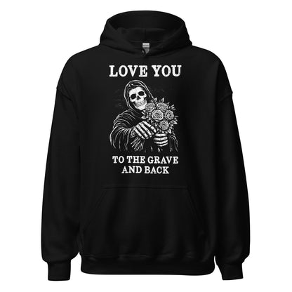 Gothic eternal love hoodie on black featuring skeletal reaper offering bouquet