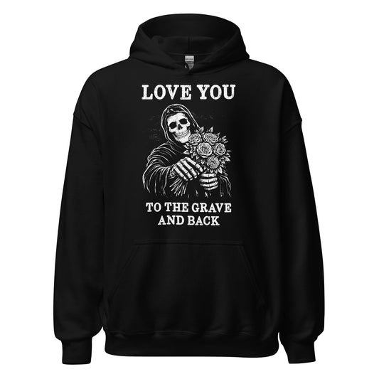 Gothic eternal love hoodie on black featuring skeletal reaper offering bouquet