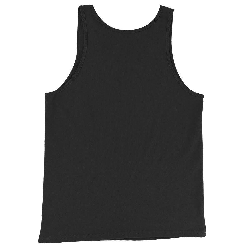 Back view of black unisex tank top showing jersey cut and fit, By Strange & Twisted