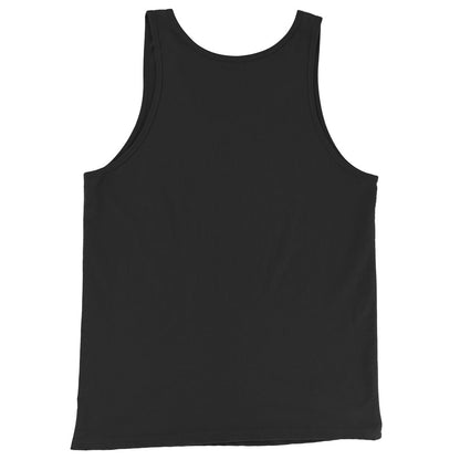 Back view of a black tank top showing plain fabric and sleeveless cut.