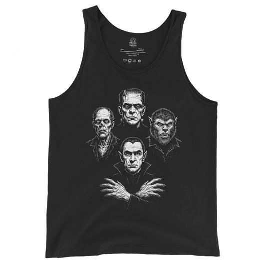 Black tank top with distressed white illustration of classic horror monsters including a vampire, zombie, werewolf and stitched creature in vintage creature-feature style. By Strange & Twisted.