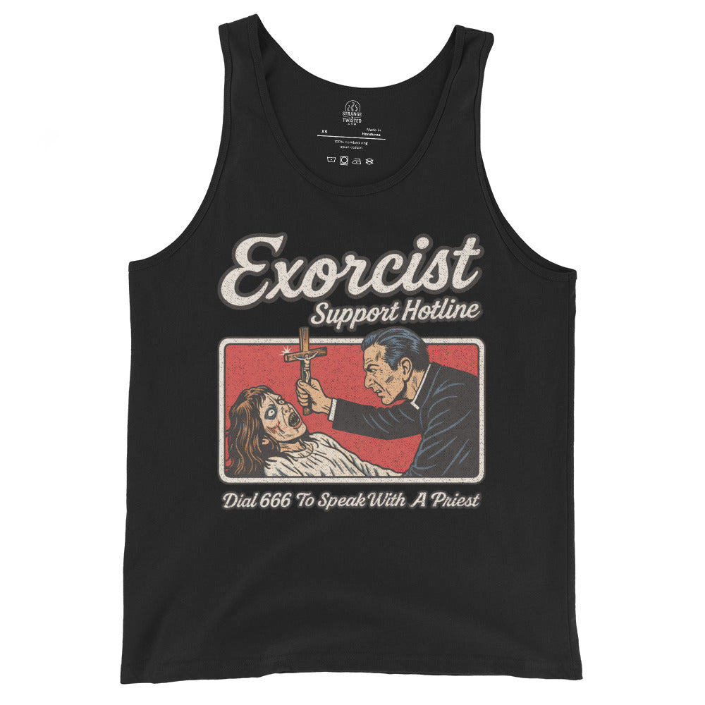 Front of black tank top featuring distressed exorcist hotline artwork with retro horror illustration. By Strange & Twisted.