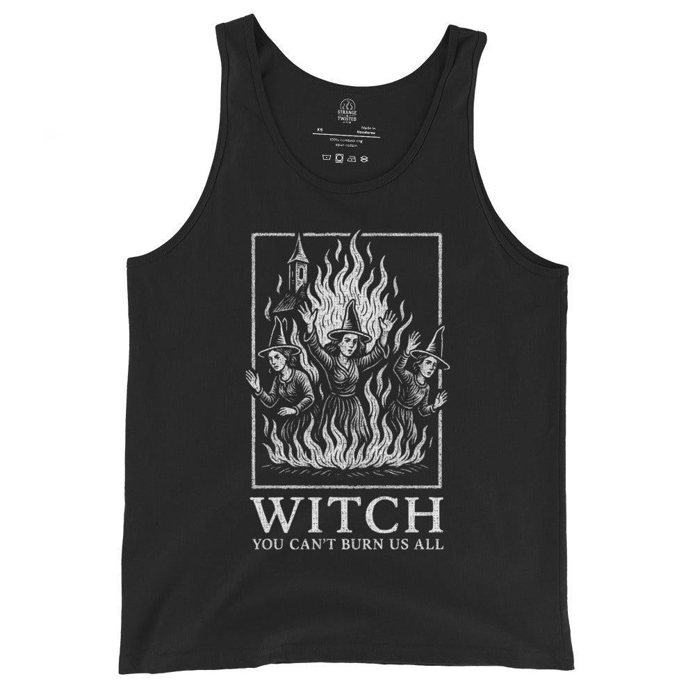 Front of black tank top featuring distressed medieval witch trial artwork with You Can’t Burn Us All text. By Strange & Twisted.