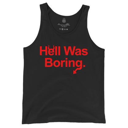 Front of black tank top featuring bold red Hell Was Boring typography with devilish humour. By Strange & Twisted.