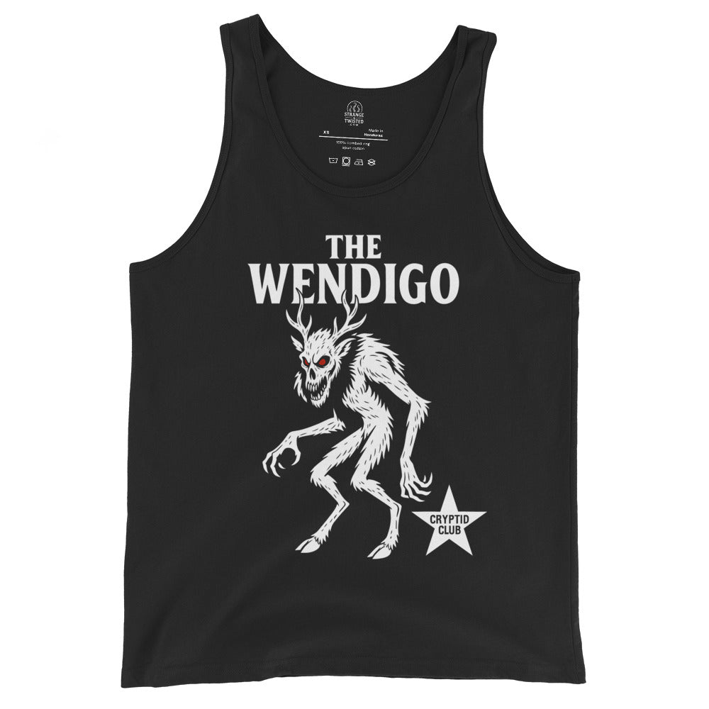 Front of black tank top featuring high-contrast white Wendigo cryptid artwork for horror folklore fans. By Strange & Twisted.
